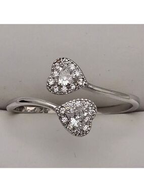 Double Heart Ring Silver Tone Size 7 Adjustable